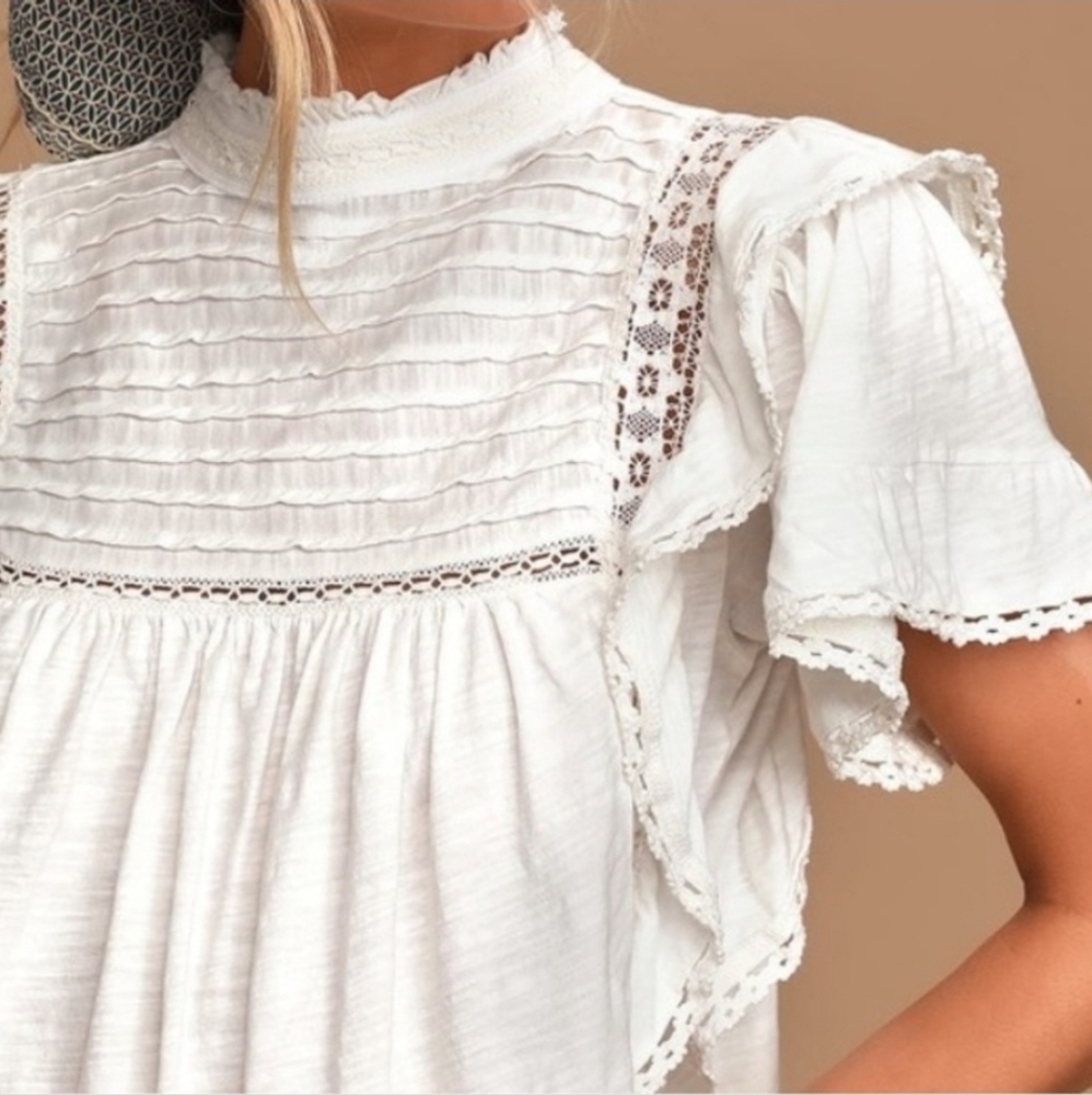 Free People White Lace-Trim Flutter Sleeve Blouse - Picture 4 of 16